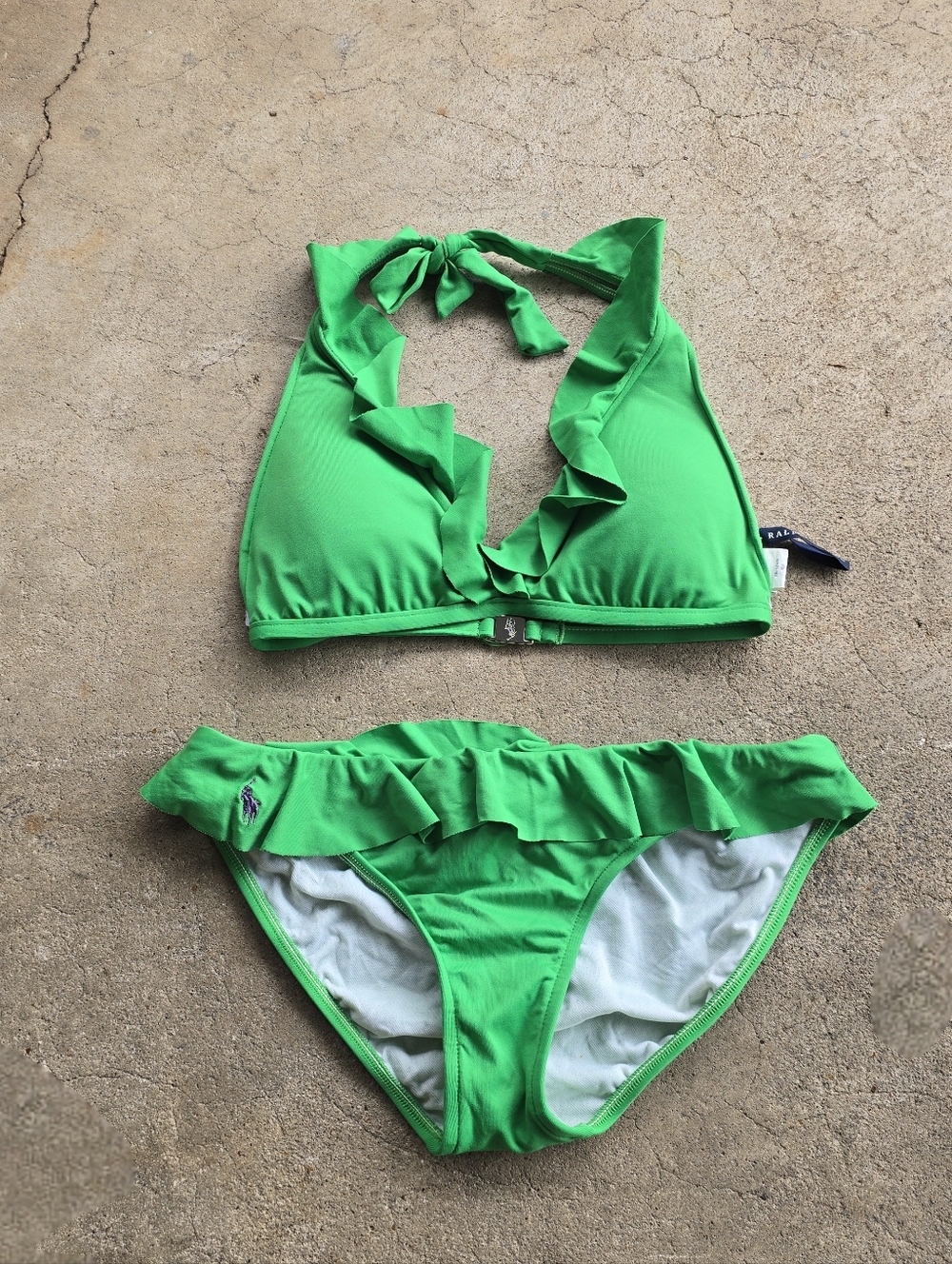 VINTAGE Ralph Lauren Polo Bikini Ruffle Green Pony Logo Swimsuit Set MEDIUM